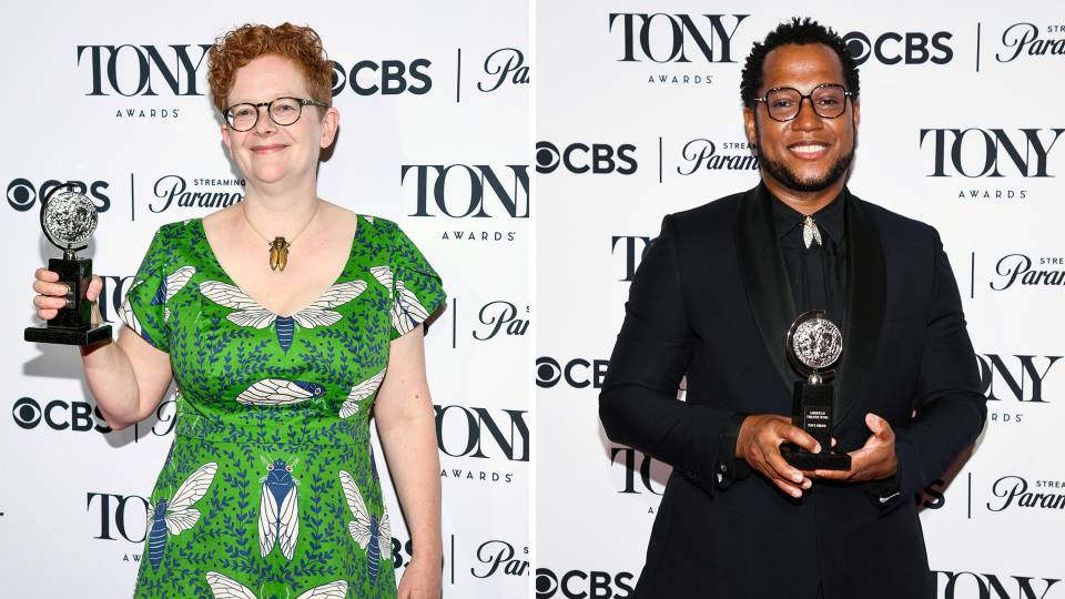 Professor Jane Cox and Branden Jacobs-Jenkins '06 holding Tony awards